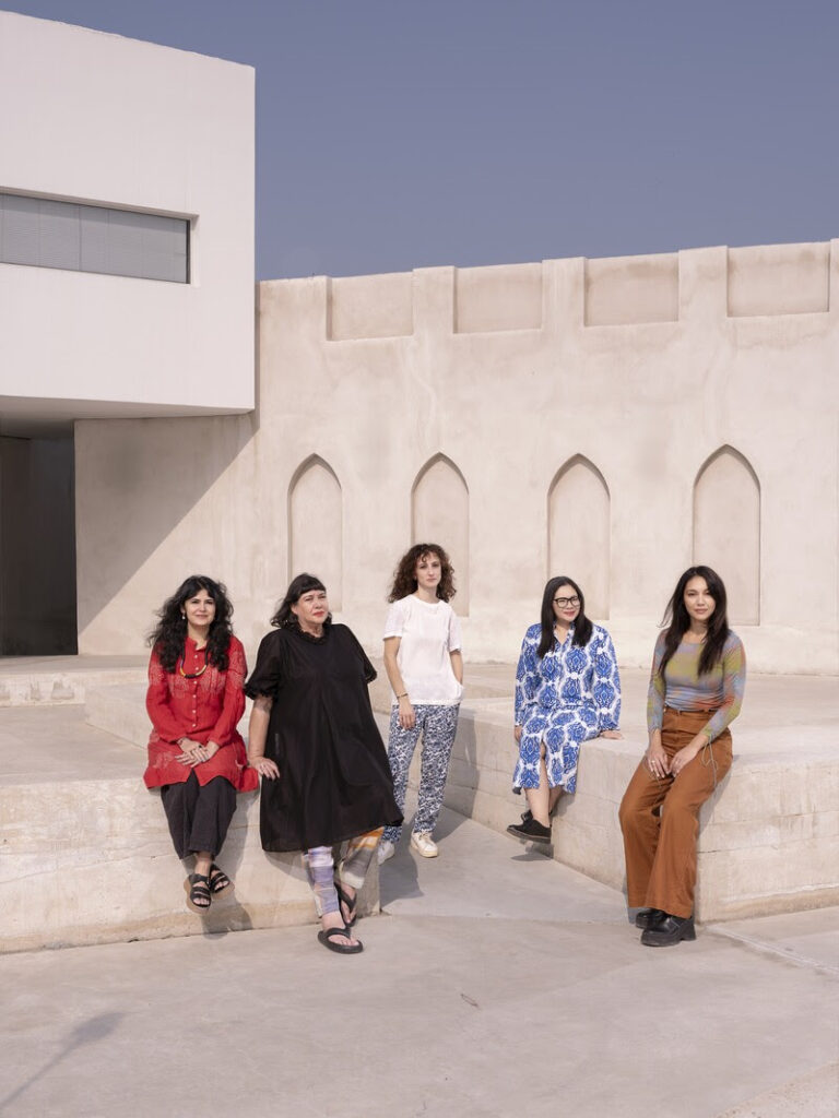 From left: Natasha Ginwala, Megan Tamati-Quennell, Zeynep Öz, Alia Swastika and Amal Khalaf. Al Mureijah, Sharjah, 2024. Photo: Danko Stjepanovic.